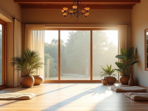 Yoga studio interior with natural light