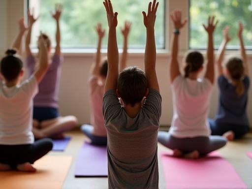 Students practicing yoga in class